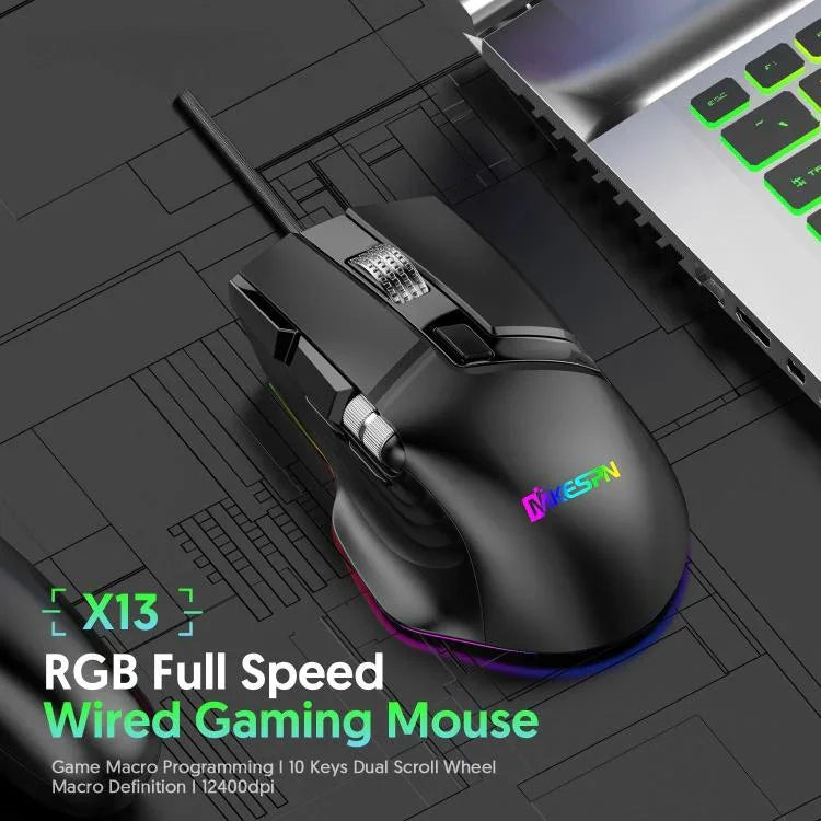 MKESPN X13 RGB Full Speed Wired Gaming Mouse 12400 DPI 10-Key Dual Scroll Wheel Swing Macro Programmable Mouse, X13