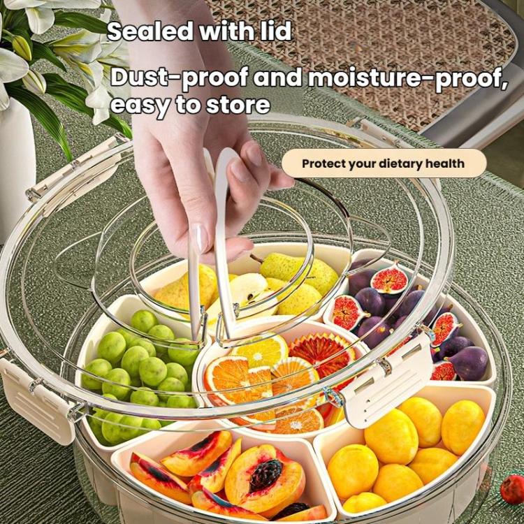 360-Degree Rotating 6-Compartment Snack Tray with Handle & Airtight Lid – Round Portable Food Storage Container for Fruits, Nuts, Candy, 6-Compartment