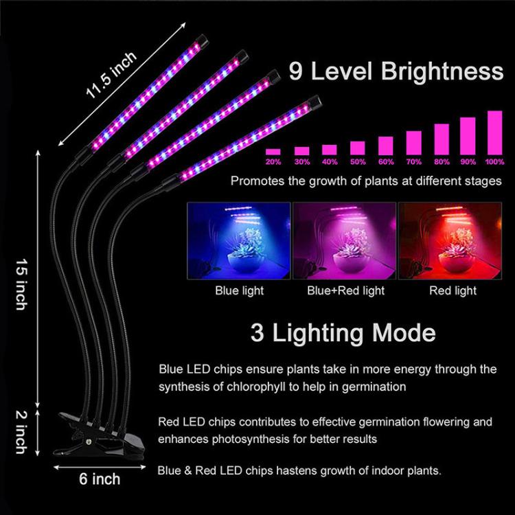 Clip-On Plant Grow Light Full Spectrum Plant Lights With Remote Control, 2 Head, 3 Head, 4 Head