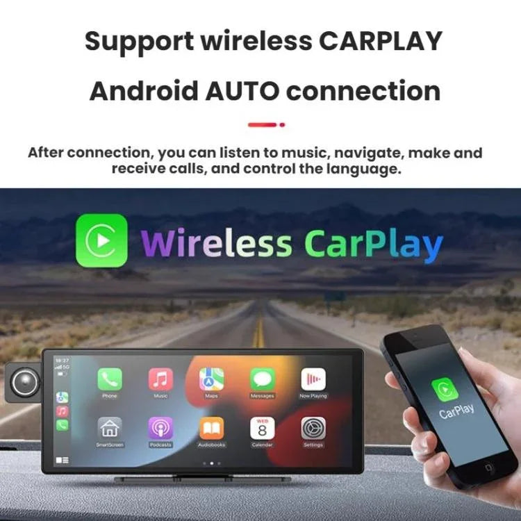 Voice-Controlled CarPlay With Split-Screen Dual-Camera Dashcam, Front Camera + Interior View, With Rear View Camera