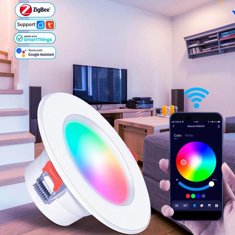 Compatible with Tuya Zigbee Recessed Ceiling Light RGB+CW+WW Dimmable LED Downlight, 7W 3.5inch