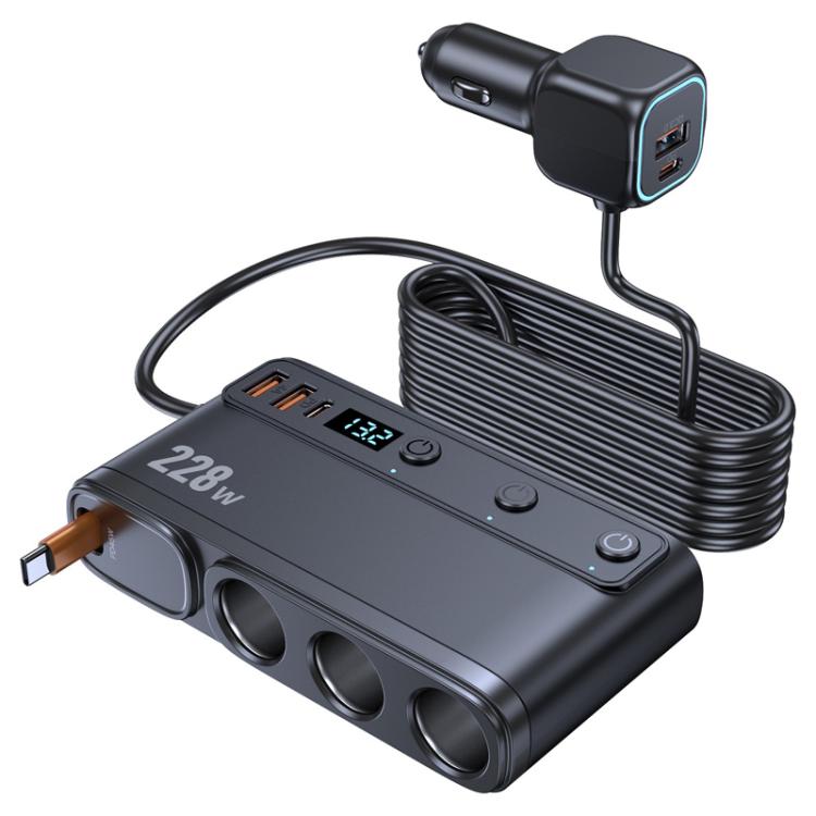 228W Car Cigarette Lighter Retractable Cable 3 In 1 Fast-Charging Car Charger With Independent Switches, C35L