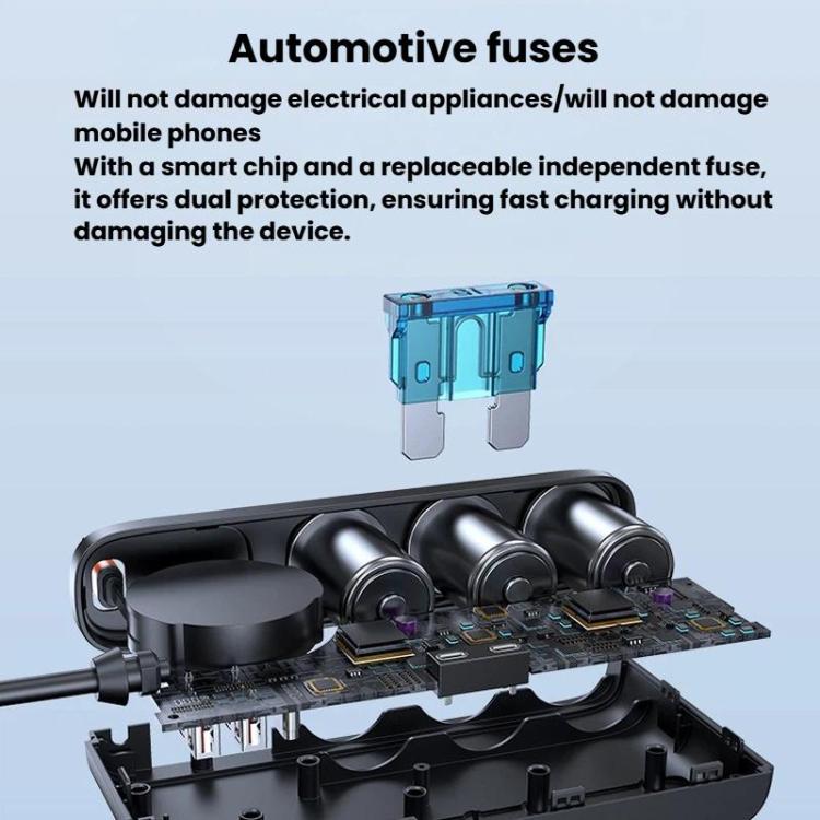 228W Car Cigarette Lighter Retractable Cable 3 In 1 Fast-Charging Car Charger With Independent Switches, C35L
