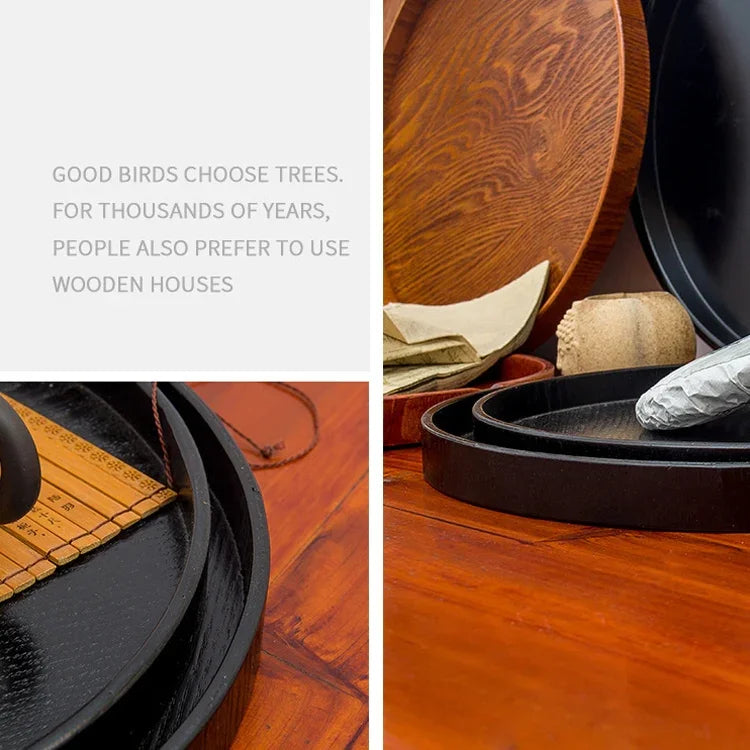 Creative Round Solid Wood Tea Tray Hotel Wooden Tay Storage Tray, Diameter: 27 cm, Black, Diameter: 27cm
