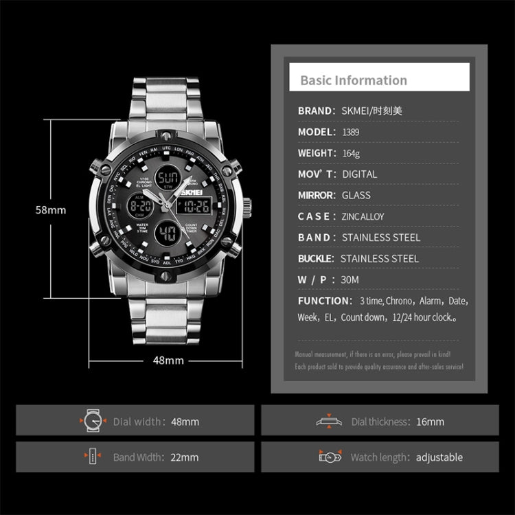 SKMEI 1389 Multifunctional Men Business Digital Watch 30m Waterproof Large Dial Wrist Watch with Stainless Steel Watchband , 1389 Black, 1389 Blue, 1389 Silver