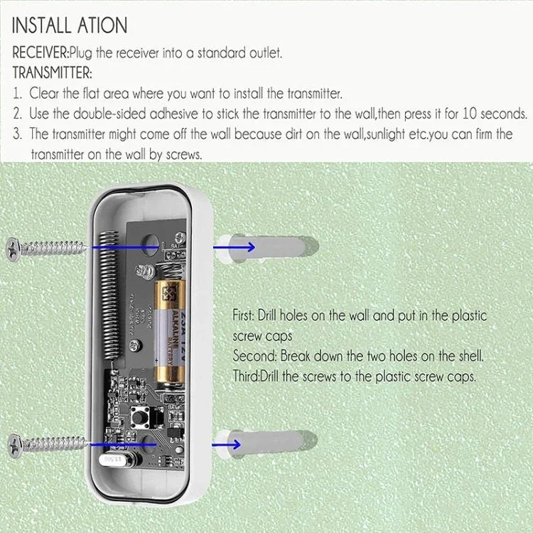 N15K - 2T1 - B 110dB IP55 Waterproof Wireless Doorbell, Receiver x 1 and Transmitter x 2, US Plug - Trustpick